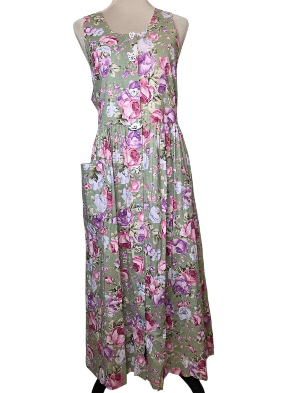 Vintage Dogwood Lane Cottagecore Floral Cotton Dress XL Ceramic Novelty Buttons